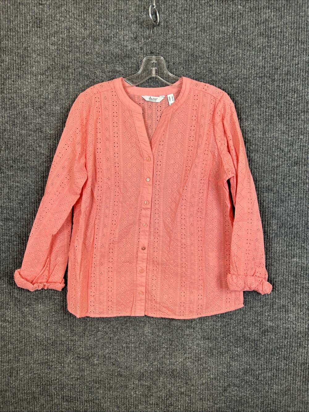 Denim & Co. Adaptive Cotton Eyelet Button Down Shirt Pink Size Small Bohemian